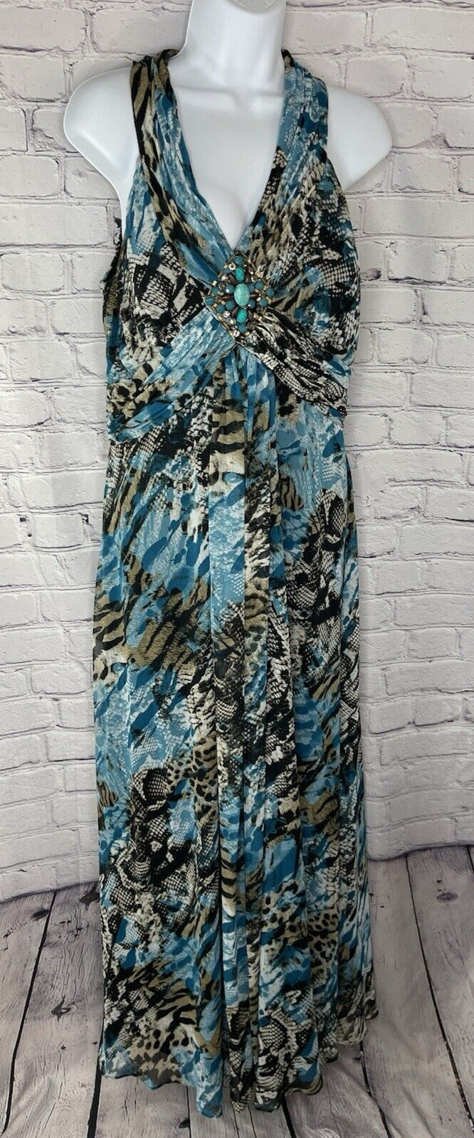 JESSICA HOWARD Missy Teal Turquoise Maxi Dress Animal Print Embellishment SZ 12