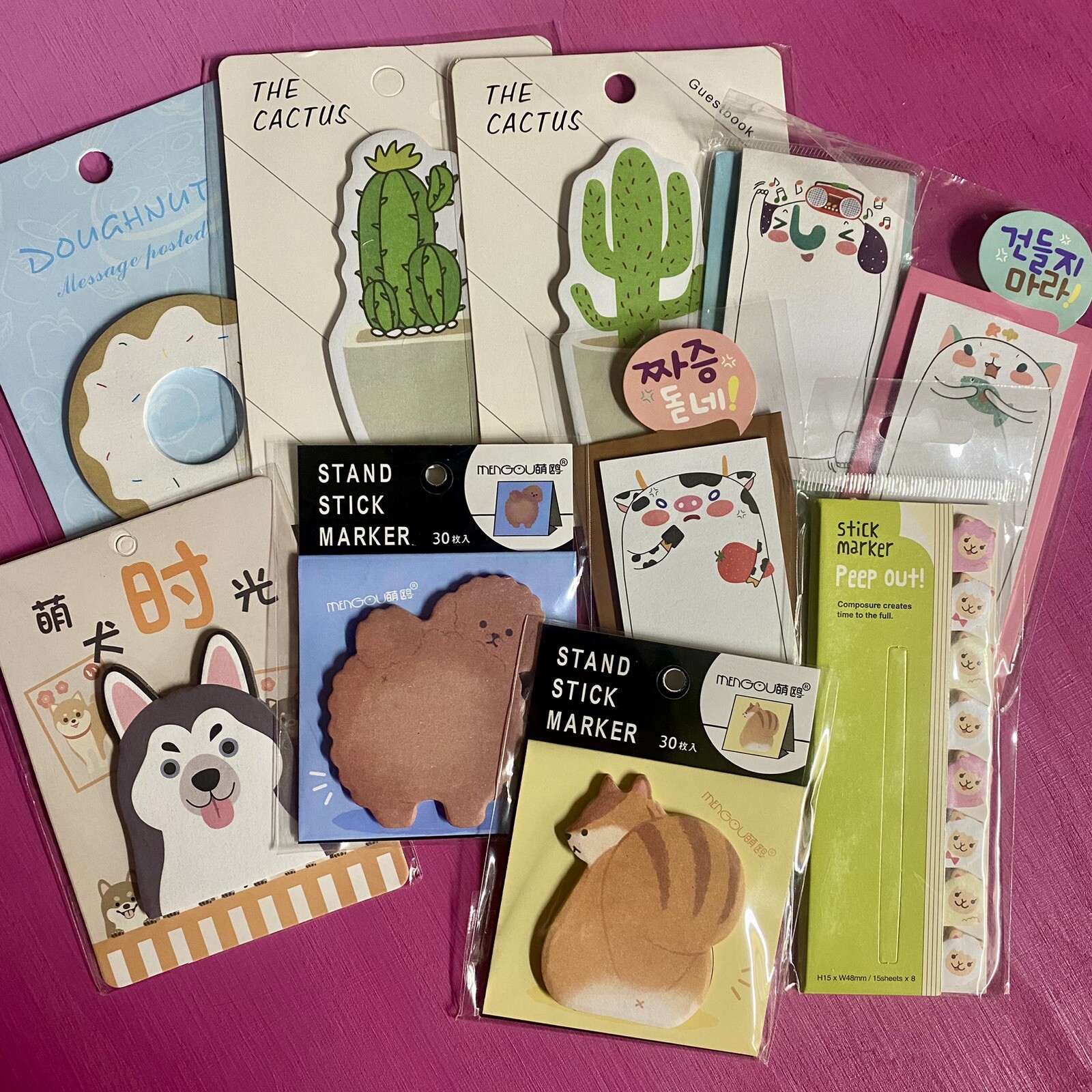 Cute Sticky Notes Lot, Set Of 10 Different Mini Notepads, Dogs, Cats, Cactus Etc-image