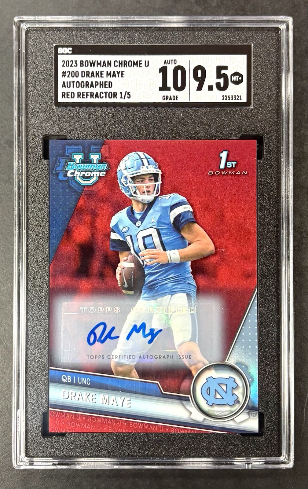 2023 Bowman Chrome U Drake Maye #200 Auto 1st Red Refractor 1/5 SGC 9.5 Auto 10