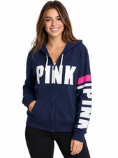 Victoria's Secret PINK Hoodie Zip Up Large Navy Blue Logo Spellout Sweatshirt
