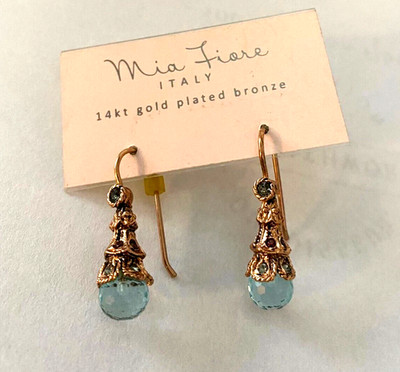 Mia Fiore Rose 14K Gold Plated Bronze Aqua Crystal Earrings Brand New