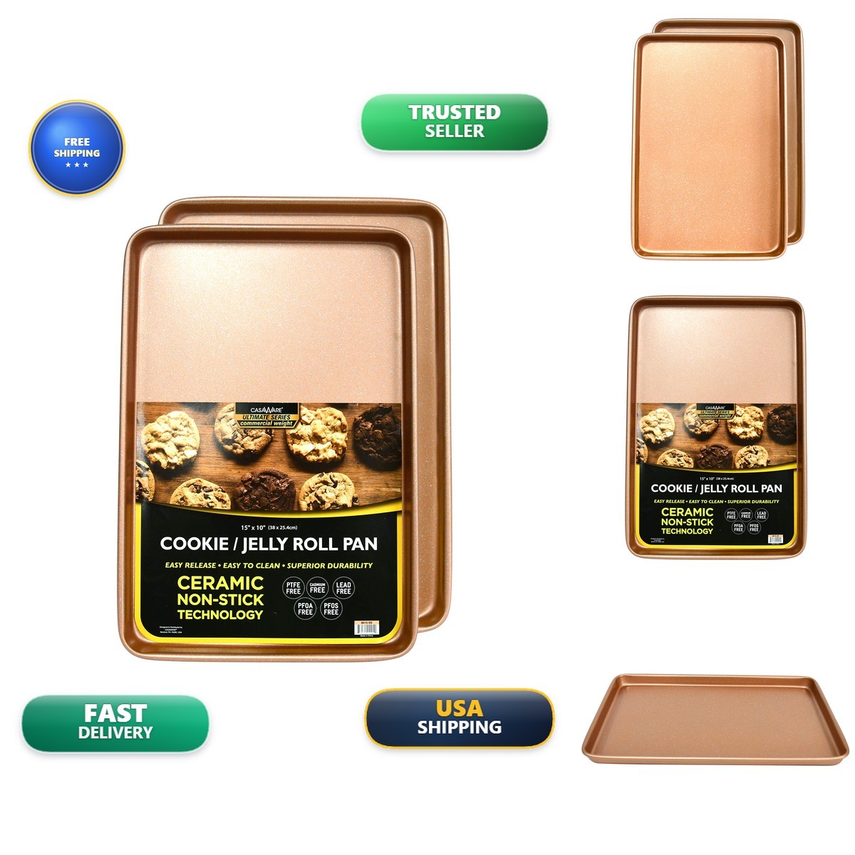 casaWare 2pc 15x10x1-Inch Cookie Sheet Set Rose Gold Granite