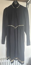 Vintage Laura Ashley High Neck Black Wool Midi Dress With Gold Lurex Trim