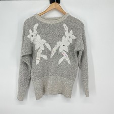 Vintage Bramble Lane Gray Embroidered Floral Angora Silk Blend Sweater Size S