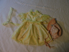 1950's Baby or Doll yellow "Lil Airess" dress, USA made and pink baby bonnet