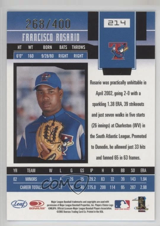 2003 Leaf Certified Materials New Generation Francisco Rosario Rookie Auto RC - Image 2 of 2