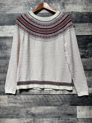 Talbots Nordic Fair Isle Lambswool Crewneck Ski Sweater Ivory Red Woman s Large