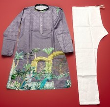 NWT Men's Kurta PAJAMA SET SZ 36 S purple/sequins peacock PRINT India-USA sell