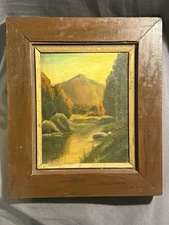 Antique Folk Art Primitive Landscape Oil Painting mountain scene