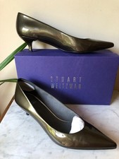 Stuart Weitzman Poco Iron Quasar Patent Leather Kitten Heel Pumps, Size 10