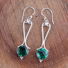 925 Sterling Silver Round Genuine Green Emerald Dangling Party Wear New Earrings
