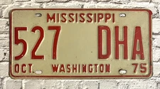 1975 Mississippi Automobile License Plate Washington County 527 DHA