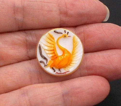 Vintage CZECH Milk Glass Picture Button Painted Bird Peacock Gold Rim Card 7/8