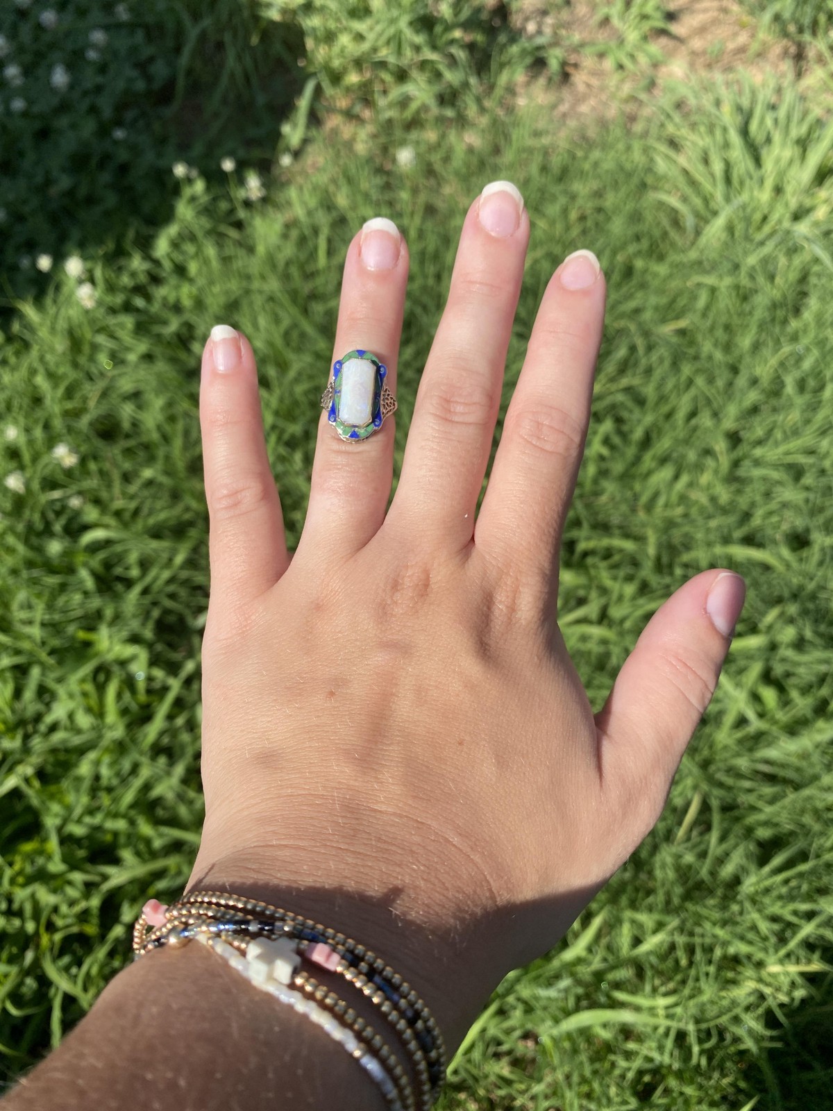 Art Deco Large Opal Rectangular Ring, 14k White G… - image 6