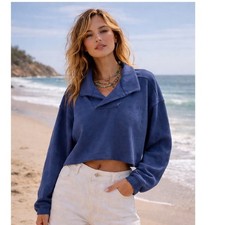 Free People Beach XL Blue Cropped Pullover Sweatshirt Oversized Collared NWT