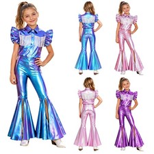 Girls Dancewear Party Costume Metallic Outfits Kid Crop Top Short Sleeve Dance