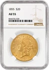 1855 $20 Liberty Head Double Eagle Gold NGC AU55 About Uncirculated Coin
