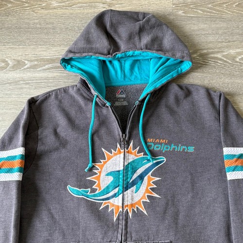 Majestic Miami Dolphins Hoodie Gray Full Zip Stripes Mens Large Football NFL
