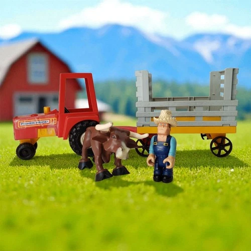 Vintage 1980 Fisher Price #331 Farm Set Husky Farmer Bull Red Tractor & Trailer