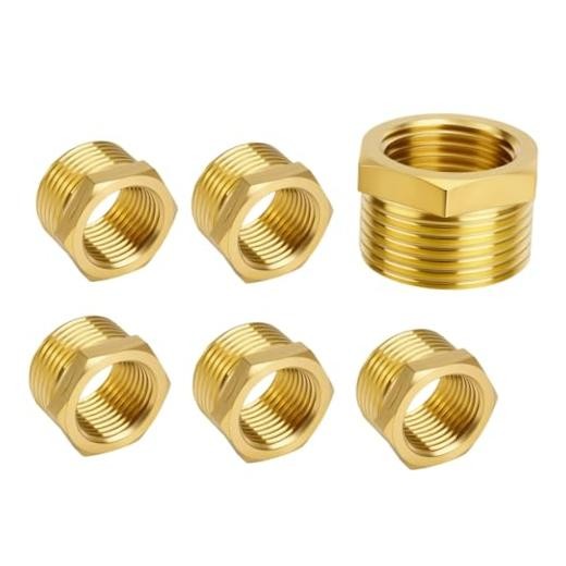 6pcs Brass Reducer Hex Bushing, 3/8" NPT Male to 1/4" NPT Female Heavy Duty
