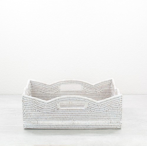 Tight Woven Scalloped Rattan Tray with Handles, Luxury Home Decor, Whitewash - Picture 3 of 4