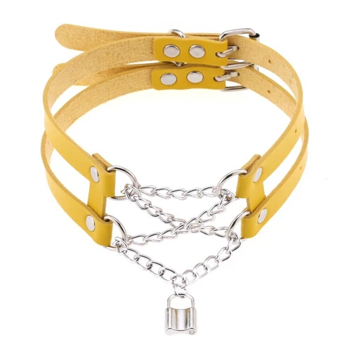 Double Belt Punk Choker with Cross Chain Lock Pendant Gothic Collar - Picture 31 of 37