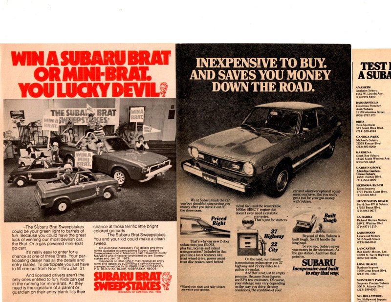 SUBARU vintage (to later) car ads: 50 separate, original pages clippings lot