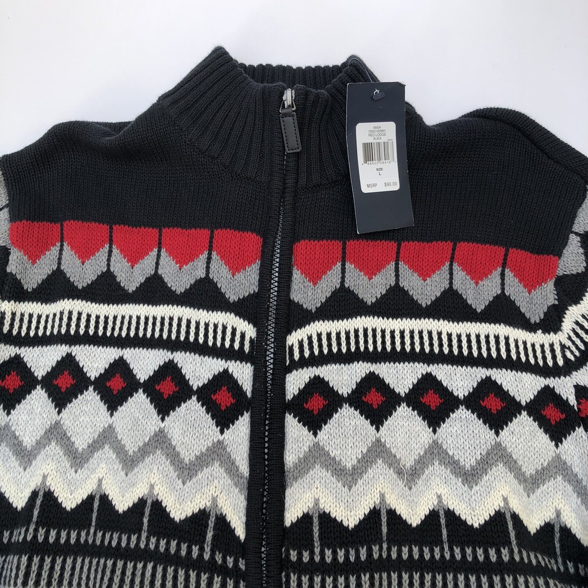 Chaps Men's L Full Zip Fair Isle Sweater Cardigan Ski Red Lodge