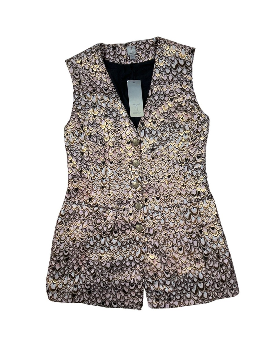 Vintage 90s Tristan Women's Pink Sparkly Metallic Gold Scale Design Vest XS - NW