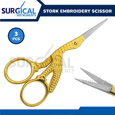 New 3 Pcs Stork Sewing Embroidery ManiCure Scissors Gold Plated 3.5'' Bird Shape
