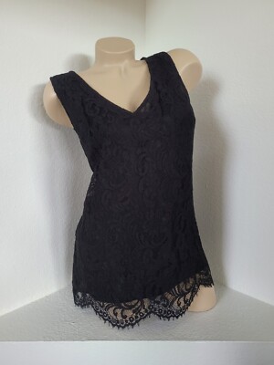 NWT WHITE HOUSE BLACK MARKET $99 Lace-Front Pleated-Back Shell Top, Black, Small
