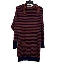 Karstoft Vestergaard Sweater Dress Orange Navy Striped Neck Button Detail Small
