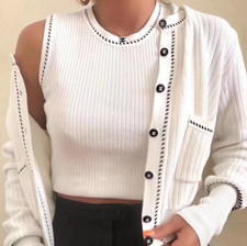 Rare Chanel Vintage Spring 1996 White Black CC Logo 96P Cardigan Only FR36
