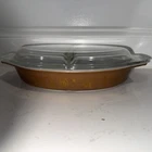 Vintage Pyrex Brown Gold Early American Divided Casserole Dish w Lid 1.5 QT