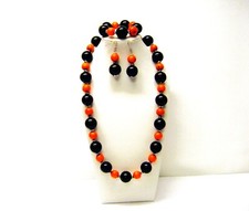Large Round Black w/Orange Wood Bead Necklace/Bracelet/Earrings Set