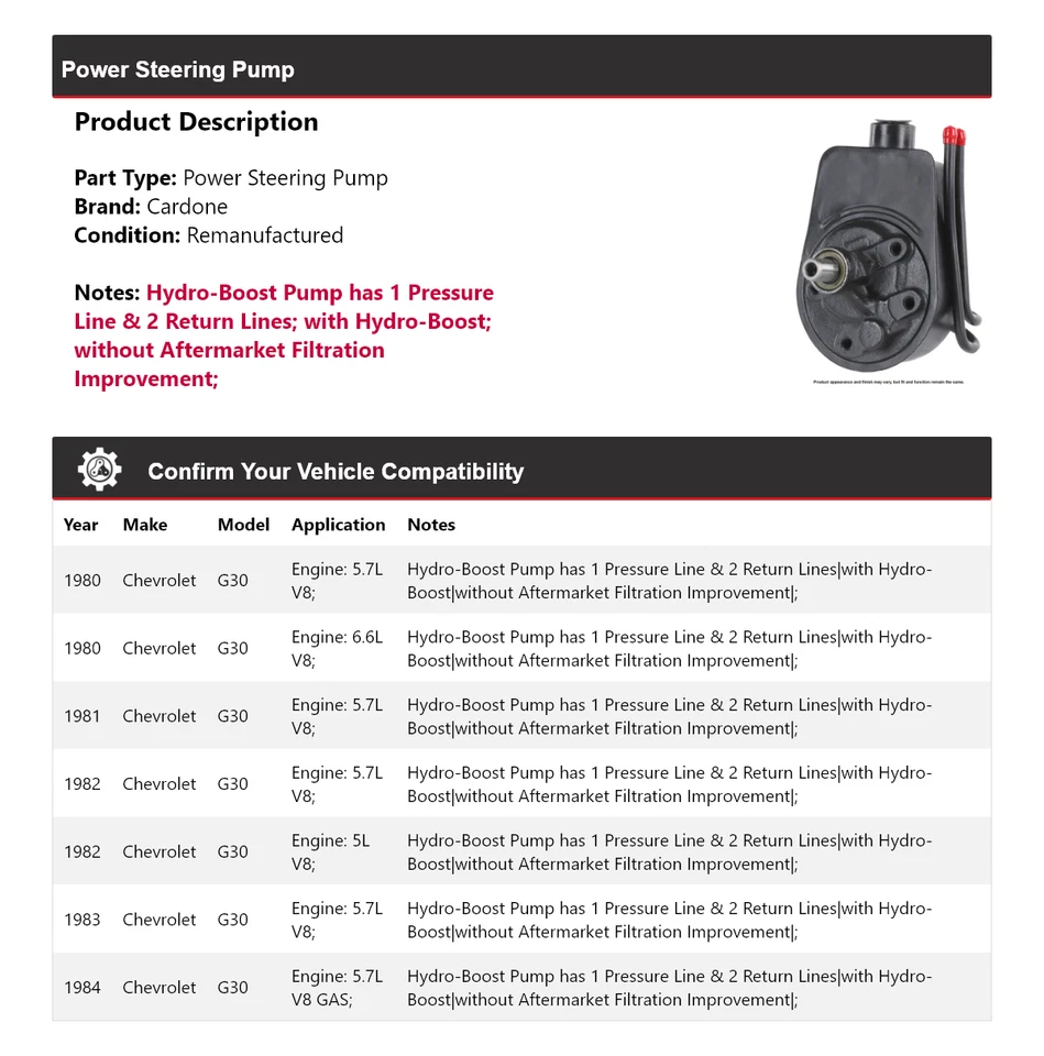 Bomba de dirección asistida Cardone 1981 1982 1983 para Chevrolet G30 1980-1984 Foto 2 de 4