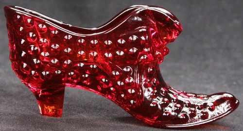 Vintage Fenton Hobnail Cat Head Buckle Ruby Red Glass Slipper Shoe Puss n Boots
