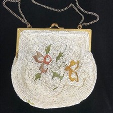 Antique French Micro Beaded Purse Gold Frame with Chain Handle Embroidered
