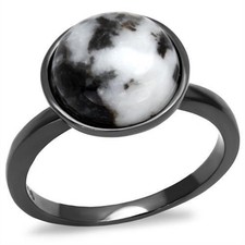 Women's Moonstone Pattern Ring, Light Black Plated, Stainless Steel, Dome Stone