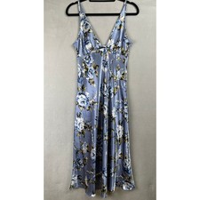 Jones New York Blue Floral Romantic Satin Soft Girl Spring Dress Midi V-Neck M