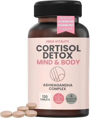 HERA VITALITY Cortisol Detox, Mind and Body Cortisol Reducing Supplement 1000mg Ashwagandha