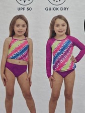 Lands' End 3 Piece Swim Set Girls Geometric UPF 50 Quick Dry Outdoor Purple 5