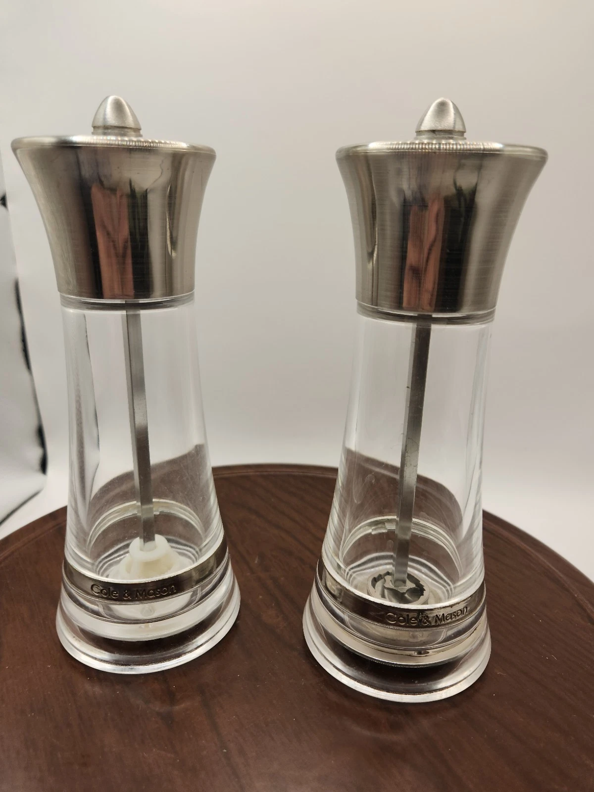 Cole & Mason Salt & Pepper Grinder Shaker Lucite & Stainless Steel . 7" Marked