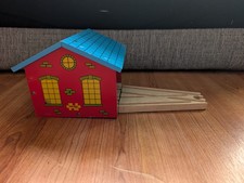 Bigjigs Wooden Train Track Engine Shed with Roof + additional track part. Thomas