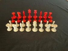 Antique Hand Carved Staunton Bone Chess Set White Red 32 Pieces