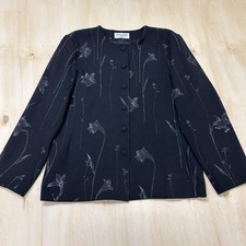 Vintage Alfred Dunner Blazer Jacket Womens 14 Black Wool Crepe Floral Lined USA