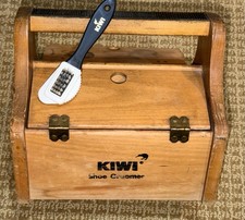 Vintage KIWI Shoe Shine Polish Box Wood Valet Kit. Tool Box, Foot Rest, Brush