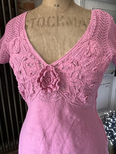Vintage Boho NOUGAT PINK LINEN LACE CROCHET SHORT MINI DRESS 10 12 🩷 Flare Cute - Picture 5 of 13