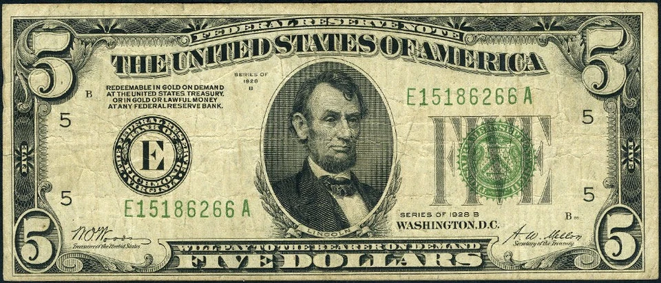 FR. 1952 E $5 1928-B Federal Reserve Note Richmond E-A Block DGS Fine+ - Image 2 of 3