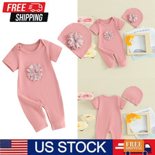Newborn Baby Girl Solid-color Short-sleeved One-piece Clothes Hat Jumpsuit Set
